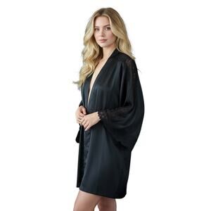 Victoria Secret Satin Robe Open Kimono Lace Sleeve Trim Sz XS/S Great Condition